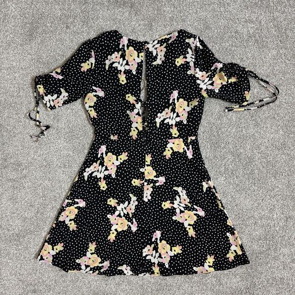 Topshop Dress Womens US 6 Black Floral Polka Dot Short Sleeve Fit Flare Bow Tie - Picture 4 of 16